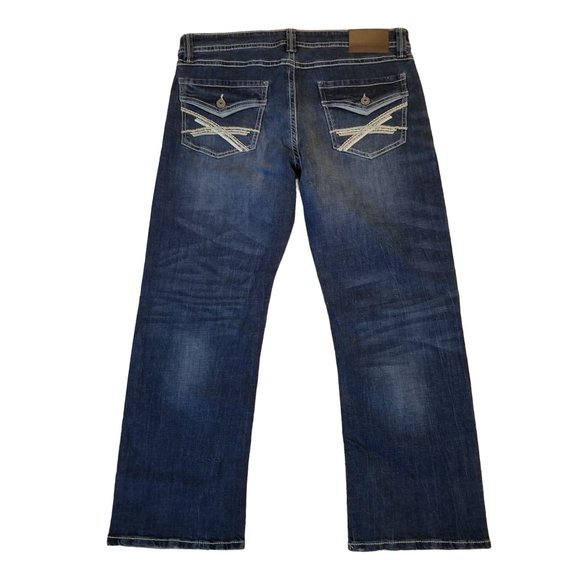 TK Axle 36x30 Actual 39x30 Slim Boot Jeans Blue Denim Pants Faded EATON Embroide - Picture 3 of 6